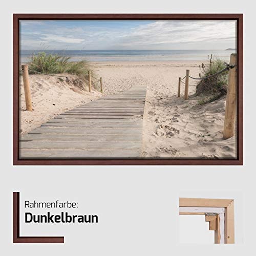 Homedeco-24 Canvas Leinwandbild Wandbild Kunstdruck, Weg zum Meer mit Dünen 80x120 cm auf Keilrahmen gespannt und mit Massivholz-Schattenfugenrahmen 6 Farben-Auswahl, Hier Dunkelbraun