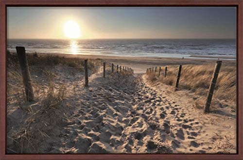 Canvas Leinwandbild Wandbild Kunstdruck, Sonnenschein über den Weg zum Strand in der Nordsee 65x100 cm auf Keilrahmen gespannt und mit Massivholz-Schattenfugenrahmen 6 Farben-Auswahl, hier Dunkelbraun