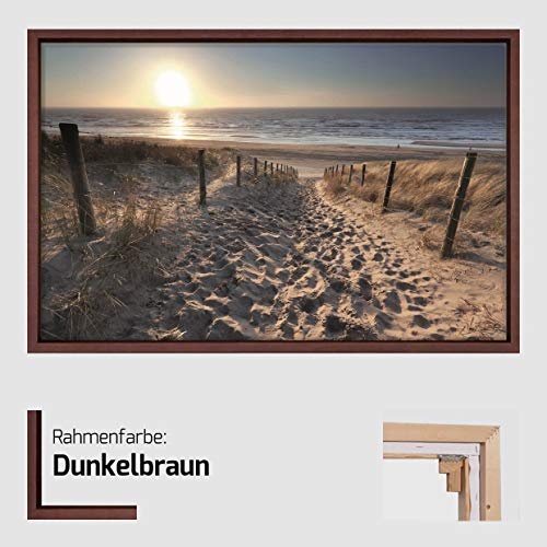 Canvas Leinwandbild Wandbild Kunstdruck, Sonnenschein über den Weg zum Strand in der Nordsee 65x100 cm auf Keilrahmen gespannt und mit Massivholz-Schattenfugenrahmen 6 Farben-Auswahl, hier Dunkelbraun