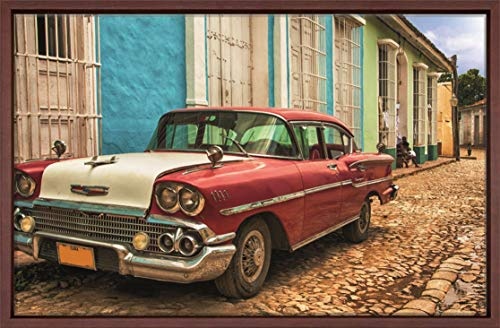 Homedeco-24 Canvas Leinwandbild Wandbild Kunstdruck, Oldtimer Kuba - Cuba Car 65x100 cm auf Keilrahmen gespannt und mit Massivholz-Schattenfugenrahmen 6 Farben-Auswahl, Hier Dunkelbraun