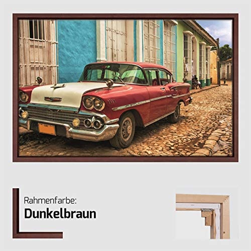 Homedeco-24 Canvas Leinwandbild Wandbild Kunstdruck, Oldtimer Kuba - Cuba Car 65x100 cm auf Keilrahmen gespannt und mit Massivholz-Schattenfugenrahmen 6 Farben-Auswahl, Hier Dunkelbraun