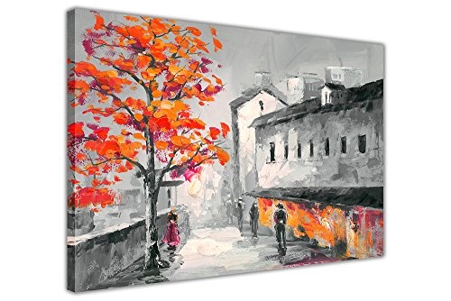 Schwarz und Weiß Town mit farbigen Bäume auf gerahmter Leinwand Kunst Bild Home Decor Druck, canvas, Orange, 04- 30" X 20" (76cm X 50cm)