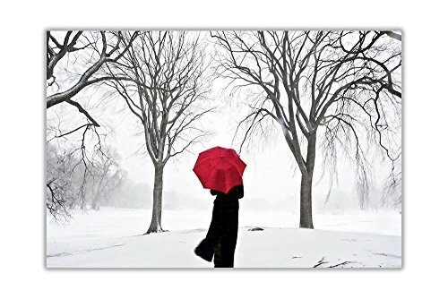 Frau mit Rot Regenschirm in der Schnee- und Bäume auf Leinwand Landschaft Bilder Home Dekoration 38 mm starke Rahmen, canvas, rot, 01- A4 - 12" X 8" (30CM X 20CM)