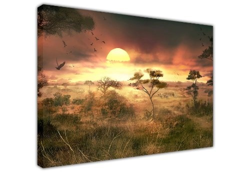 African Sunset mit Wildlife Nebel und Bäume Natur Large Canvas Art Wand Bilder Prints Landschaft Foto Druck Bild Home Décor, canvas holz, 1- A3 - 12" X 16" (30CM X 40CM)