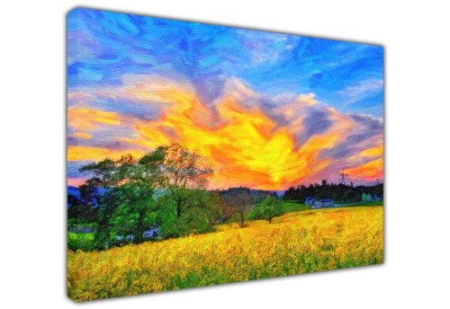 Ölgemälde-Kunstdruck, Motiv Sonnenblumenfeld mit grünen Bäumen vor Sonnenuntergang, großer Leinwanddruck 8- A1 - 24" X 30" (60CM X 76CM)