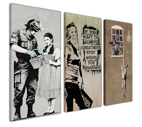 Moderne Kunstwerke von Banksy, Leinwanddrucke, Bildkollektion, "Cheating Wife", "Masked Arachist", "Police Searching Dorothy", 3 Stück, canvas holz, 2- 3 X 20" X 10" (3 X 50CM X 25CM)