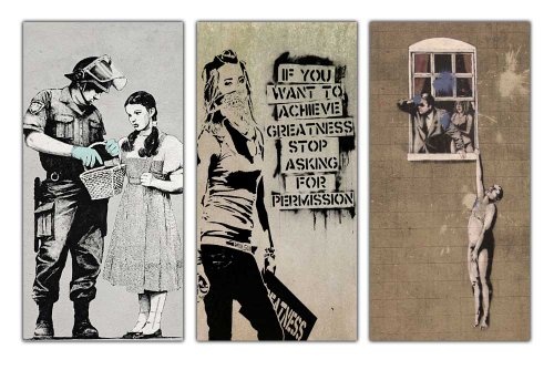 Moderne Kunstwerke von Banksy, Leinwanddrucke, Bildkollektion, "Cheating Wife", "Masked Arachist", "Police Searching Dorothy", 3 Stück, canvas holz, 2- 3 X 20" X 10" (3 X 50CM X 25CM)