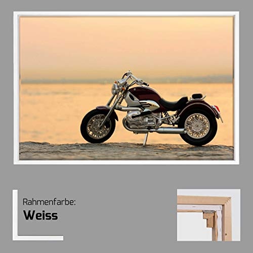 Homedeco-24 Canvas Leinwandbild Wandbild Kunstdruck, Harley Davidson Bike Motorrad 65x100 cm auf Keilrahmen gespannt und mit Massivholz-Schattenfugenrahmen 6 Farben-Auswahl, Hier Weiß