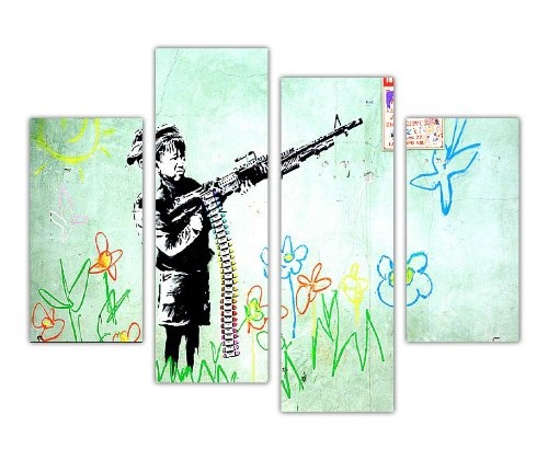 Banksy Kunstdruck auf Leinwand Art Wand Iconic Kind Soldat, der Crayon Bullets Street Graffiti New Age Art London 2012 Olympics Foto Home Décor Print Raum Dekoration Bild 4 Panel 88,9 cm 90 cm breit/71,1 cm 71 cm hoch extra große Modern Art