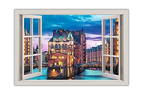 CANVAS IT UP Hamburg Germany City Fotos 3D-Fenster, Bay View Kunstdruck auf Leinwand Art Wand Bilder Größe: A2-61 x 40,6 cm (60 cm x 40 cm)