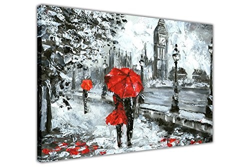 Pärchen mit einem roten Regenschirm in London auf einer gerahmten Leinwand, Kunstdruck, Nachdruck eines Ölgemäldes, Bild als Wohndekoration, rot, 03- A2 - 24" X 16" (60cm X 40cm)