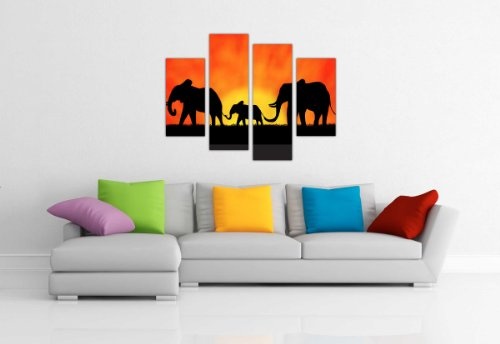 Kunstdruck auf Leinwand, Motiv afrikanische Elefantenfamilie Sonnenuntergang, sehr groß, 90 x 71 cm, Rot / Schwarz, 4-teilig