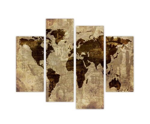Leinwandbild, mit Weltkarte, im Retro-Look, Wanddeko, Kunstdruck, sehr groß, 90 cm breit, 71 cm hoch, Braun, 4-teilig