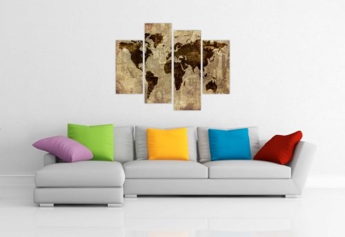 Leinwandbild, mit Weltkarte, im Retro-Look, Wanddeko, Kunstdruck, sehr groß, 90 cm breit, 71 cm hoch, Braun, 4-teilig