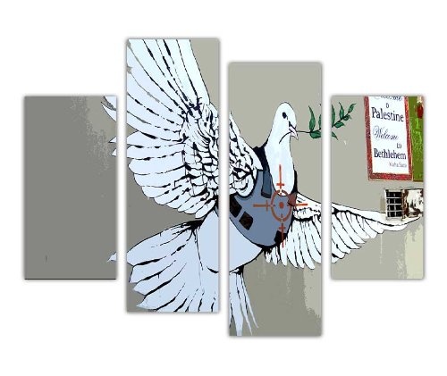 Contemporary Art Leinwand Banksy Wand Prints Weiß Fliegender Vogel Taube mit Bulletproof Weste Foto Home Décor Print Raum Dekoration Bild 4 Panel 88,9 cm 90 cm breit/71,1 cm 71 cm hoch extra große Modern Art