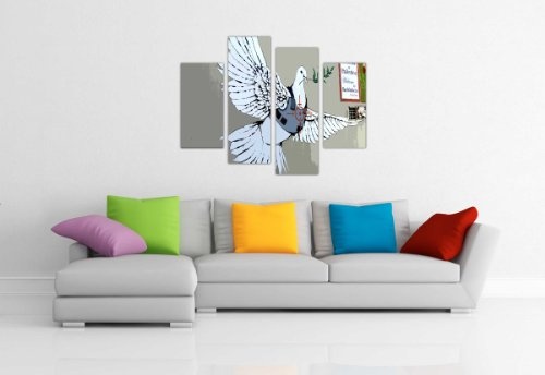 Contemporary Art Leinwand Banksy Wand Prints Weiß Fliegender Vogel Taube mit Bulletproof Weste Foto Home Décor Print Raum Dekoration Bild 4 Panel 88,9 cm 90 cm breit/71,1 cm 71 cm hoch extra große Modern Art