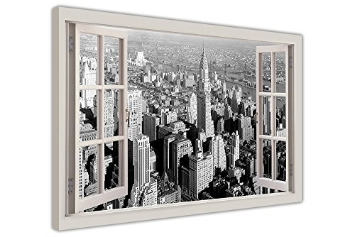 Druck in weiß und schwarz Vintage Jahren Fenster Vista von New York City Bay Effekt gerahmt auf Leinwand 38 mm dicke zeitgenössisch 04- A1 - 34" X 24" (86CM X 60CM) Schwarz/Weiß