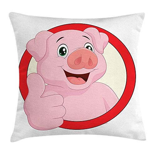 K0k2t0 Cartoon Throw Pillow Cushion Cover, Pig Mascot with Thumbs up Animal Illustration with a Circular Frame, Decorative Square Accent Pillow Case, 18 X 18 inches, Pale Pink Beige Vermilion