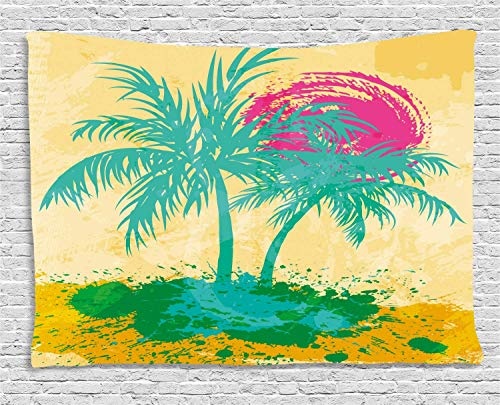 MLNHY Vintage Beach Tapestry, Grunge Illustration of Palm...