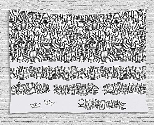 Vintage Boat Tapestry, Wavy Sea with Little Paper Boats Childhood Memory Sketch Artwork, Wall Hanging for Bedroom Living Room Dorm, 80 W X 60 L Inches, Black White Pale Grey