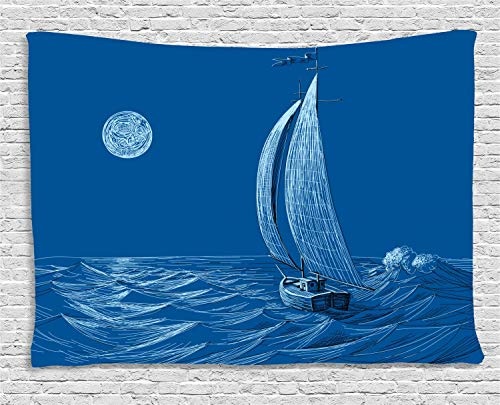 Vintage Boat Tapestry, Ship Sailing to The Ocean Moonlight Wavy Misty Night Artistic Ocean Scenery, Wall Hanging for Bedroom Living Room Dorm, 80 W X 60 L Inches, Cobalt Blue