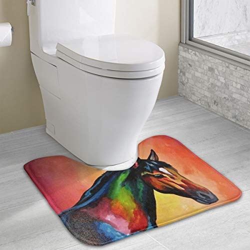 Dimension Art Rainbow Horse Contour Bath Rugs Non-Slip Soft and Absorbent Memory Foam U-Shaped Bathroom Bath Mats Rug Carpet