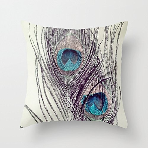 Juzijiang Beautiful Peacock Feathers Canvas Decorative Pillows Throw Pillow Covers for Girls Room16X16 inch