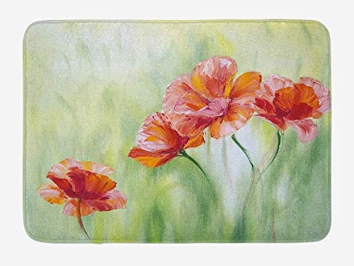ASKYE Floral Bath Mat, Illustration of Poppy Flowers Oil Painting on Canvas Romantic Design Print, Plush Bathroom Decor Mat with Non Slip Backing, 23.6 W X 15.7 W Inches, Pale Yellow Orange