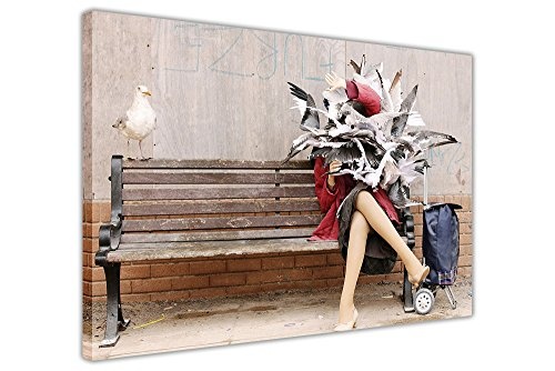 Banksy dismaland Prints Möwen Attacking Lady auf Rahmen Leinwand Bild Graffiti Art Drucke Wand Poster Modern 01- A4 - 12" X 8" (30CM X 20CM)