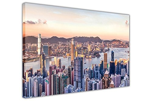 Hong Kong Wolkenkratzer, Sonnenuntergang, auf gerahmter Leinwand Wand-Kunst, für Wohnzimmer, Büro-Dekoration Bilderrahmen 18 mm, canvas, 03- A2-24" X 16" (60cm X 40cm)