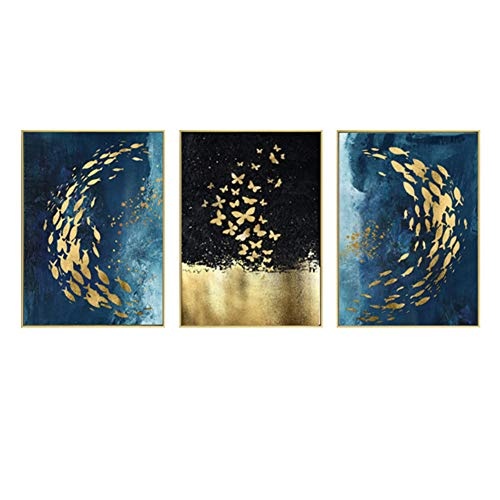 Fran Kunst auf Leinwand Gemälde Ölgemälde Blaue Moderne helle Luxusölgemäldegoldfolie-Fischschulzusammenfassung