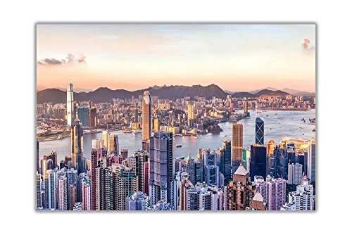 CANVAS IT UP Hong Kong, Wolkenkratzer, Sonnenuntergang, auf gerahmter Leinwand, für Wohnzimmer, Bar, 10 mm dick, canvas, 02- A3-16" X 12" (40cm X 30cm)