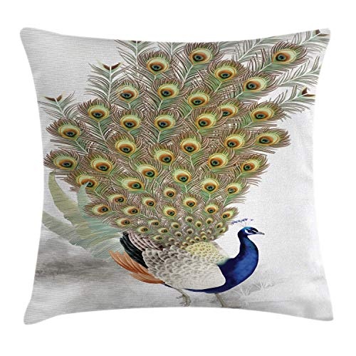 Peacock Throw Pillow Cushion Cover, Bird Opens Up His...