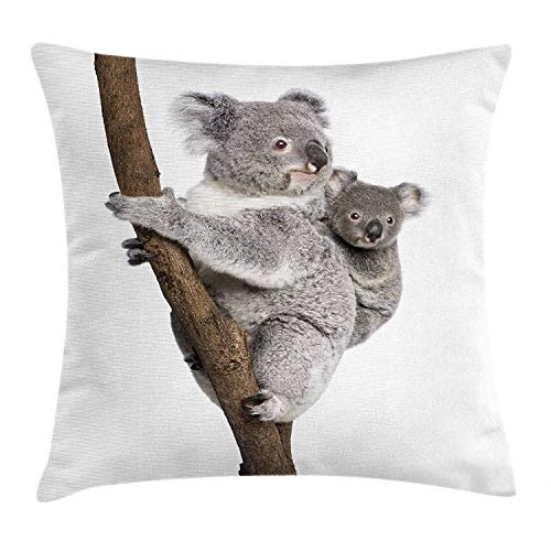 Koala Throw Pillow Cushion Cover, Baby Australian Bear with Its Mother Climbing Up on a Branch Wild Animal Photography, Decorative Square Accent Pillow Case, 18 X 18 Inches, Grey Brown