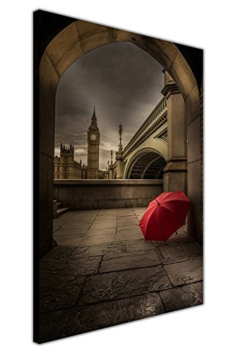 Canvas It Up Kunstdruck, Motiv: Roter Regenschirm unter Big Ben, Schwarz und Weiß, gerahmt, auf Leinwand, Stadtbild, farbig, 05- A1 - 34" X 24" (86cm X 60cm)