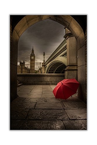 Canvas It Up Kunstdruck, Motiv: Roter Regenschirm unter Big Ben, Schwarz und Weiß, gerahmt, auf Leinwand, Stadtbild, farbig, 05- A1 - 34" X 24" (86cm X 60cm)