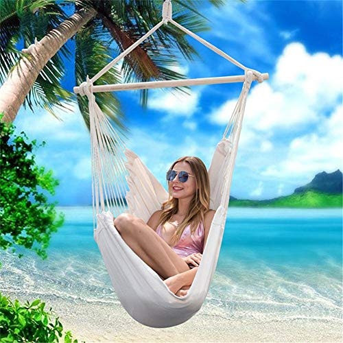Sunnyushine Hanging Rope Hammock Hanging Chair Large Cotton Canvas Swing Seat Outdoor Swing Hammock Chair Comfortable and Durable Hanging Chair for Yard, Bedroom, Porch, Indoor, Outdoor (White)