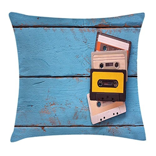 Indie Throw Pillow Cushion Cover, Vintage Cassette Tapes on Aqua Wooden Table Close Up Photo Retro Music Old School, Decorative Square Accent Pillow Case, 18 X 18 Inches, Multicolor