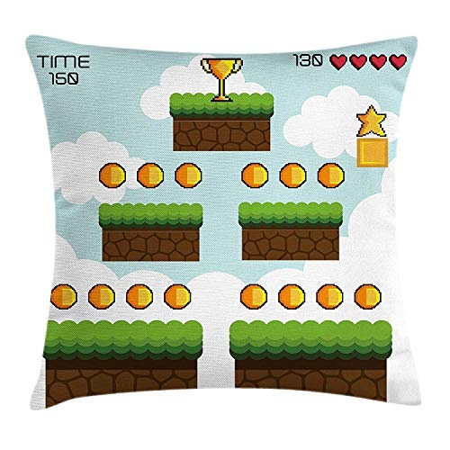 Yinorz Kids Throw Pillow Cushion Cover, Cartoon Style Pixel Game Interface Trophy Dots Level Up Jump Score Red Hearts Clouds, Decorative Square Accent Pillow Case, 18 X 18 Inches, Multicolor