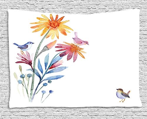 MLNHY Watercolor Tapestry, Springtime Flowers with Birds...