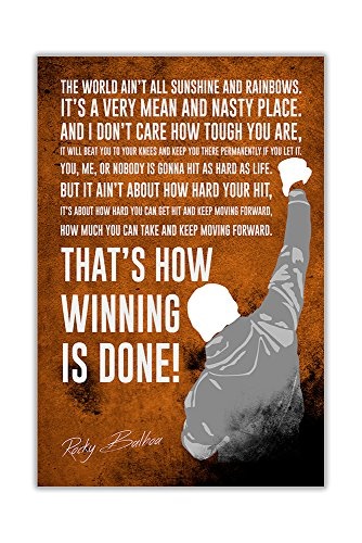 CANVAS IT UP Leinwandbild, gerahmt, Motiv: Rocky Balboa mit Zitat auf Rahmen, Motiv: Boxsport, Größe: A3 - 40 x 30 cm, Orange