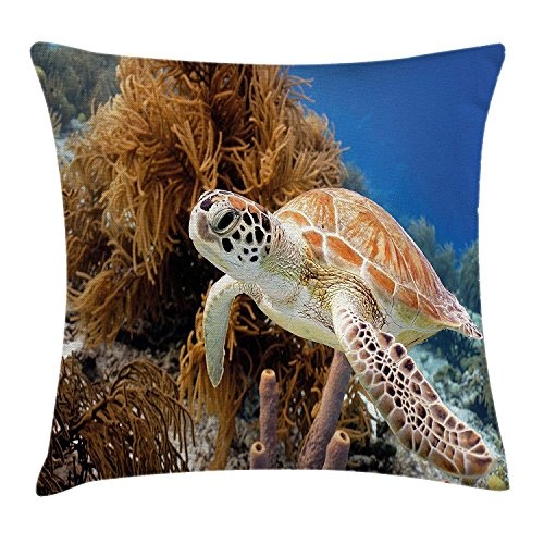 Turtle Throw Pillow Cushion Cover, Coral Reef and Sea...