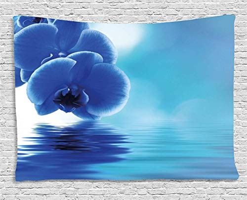 MLNHY Flower Tapestry, Orchid Floral Design with Reflection to a River Water Image Photo, Wall Hanging for Bedroom Living Room Dorm, 80 W X 60 L Inches, Violet Blue Aqua and White