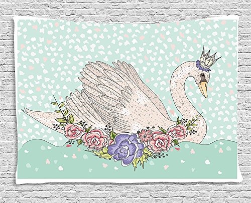 MLNHY Queen Tapestry, Cute Cartoon Swan on Water Crown Flowers Dreamy Fairytale Kids Playroom, Wall Hanging for Bedroom Living Room Dorm, 80 W X 60 L Inches, Mint Green Beige Coral