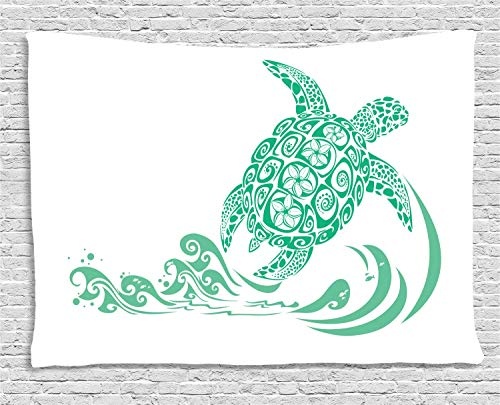 MLNHY Turtle Tapestry, Green Turtle with Plumeria Flower...