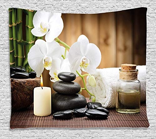 MLNHY Spa Decor Tapestry, Asian Spa Style Decoration with Zen Stones Candle Flowers and Bamboo, Wall Hanging for Bedroom Living Room Dorm, 80 W X 60 L Inches, White Green and Black