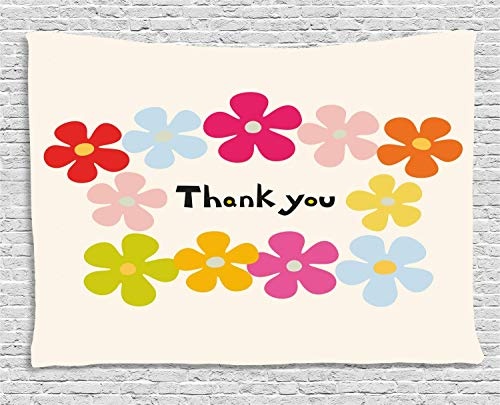 Thank You Tapestry, Colorful Flowers Simplicity Doodle Modern Typography in Floral Frame Pastel, Wall Hanging for Bedroom Living Room Dorm, 80 W X 60 L Inches, Multicolor
