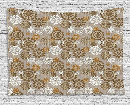 MLNHY Floral Tapestry, Ornamental Flower Design Combinations Styles Diagonal Pattern, Wall Hanging for Bedroom Living Room Dorm, 80 W X 60 L Inches, Sepia Amber Grey