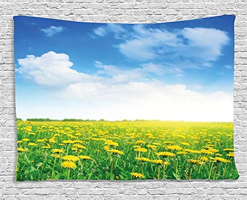 MLNHY Yellow and Blue Tapestry, Summer Daisy Flower Field Environment Refreshing Grassland Growth, Wall Hanging for Bedroom Living Room Dorm, 80 W X 60 L Inches, Green Blue Yellow