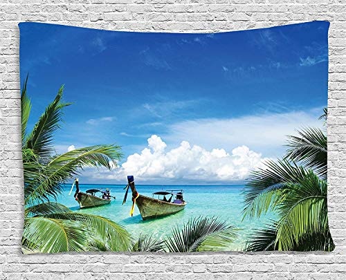 MLNHY Travel Tapestry, Exotic Hawaiian Beach with Palm Trees and Fishing Boats Paradise Picture, Wall Hanging for Bedroom Living Room Dorm, 80 W X 60 L Inches, Blue Green Turquoise